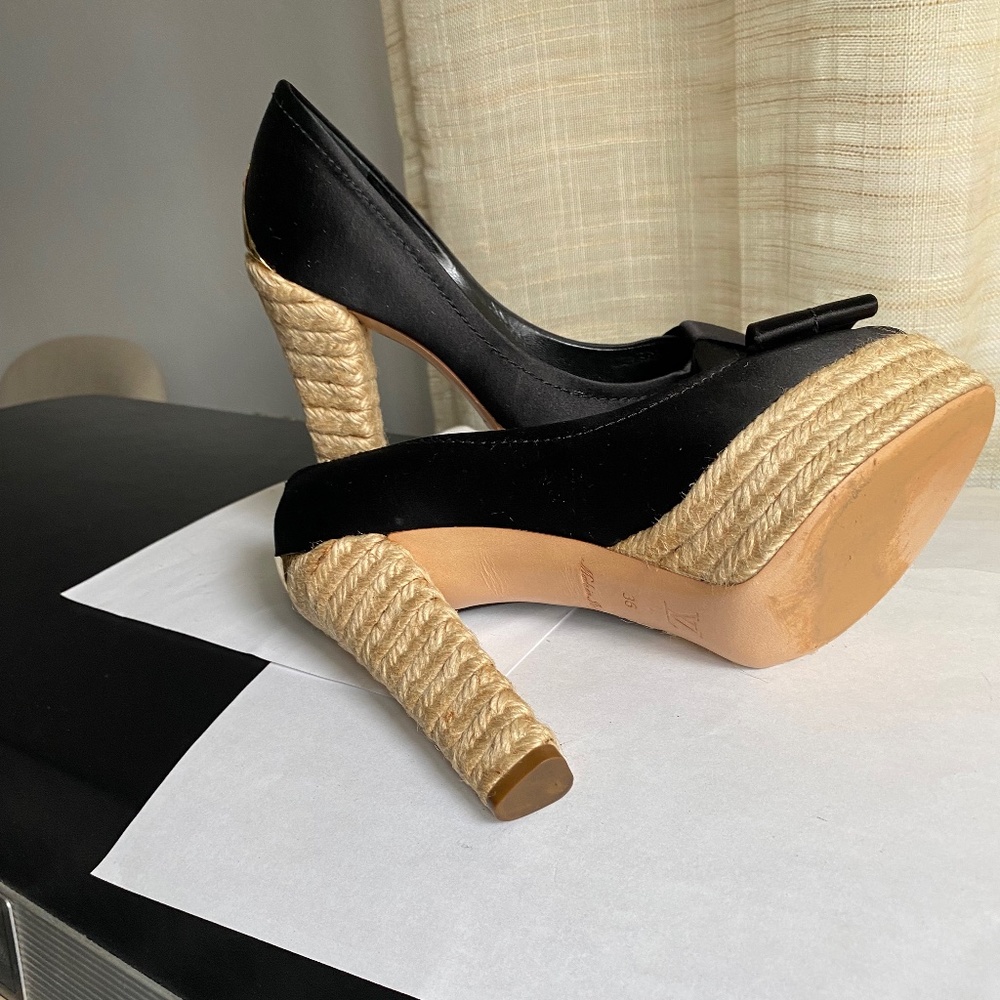Louis Vuitton satin black espadrille clogs heels pumps platforms 36 Rivoli bow - Picture 11 of 12